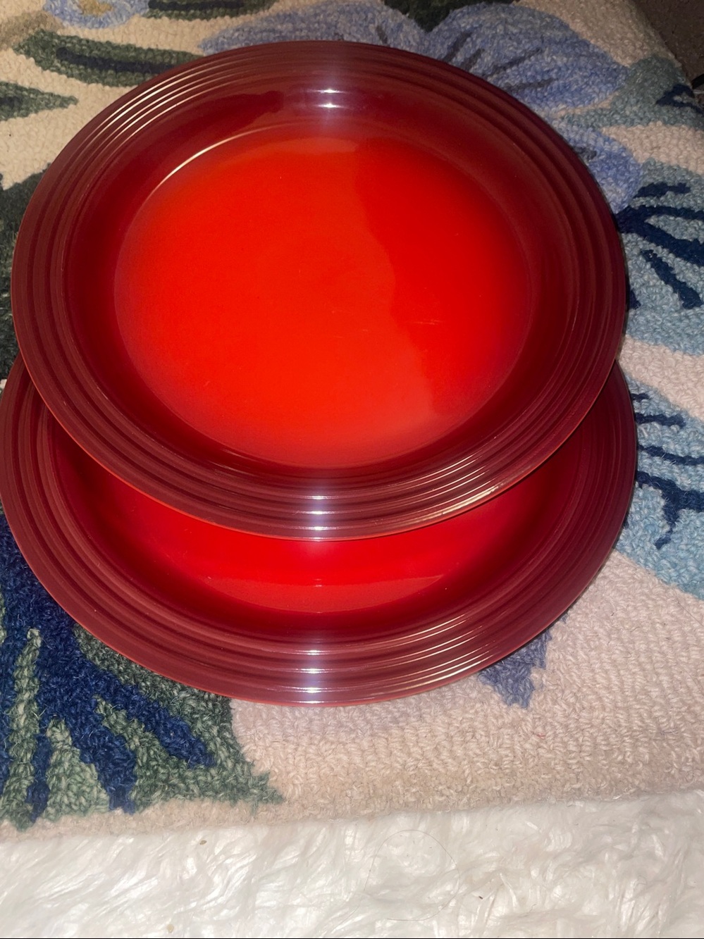 BNWT 2pc Le Creuset Red Cerise Glazed Dinner Plate with 3 embossed rim, size 27c